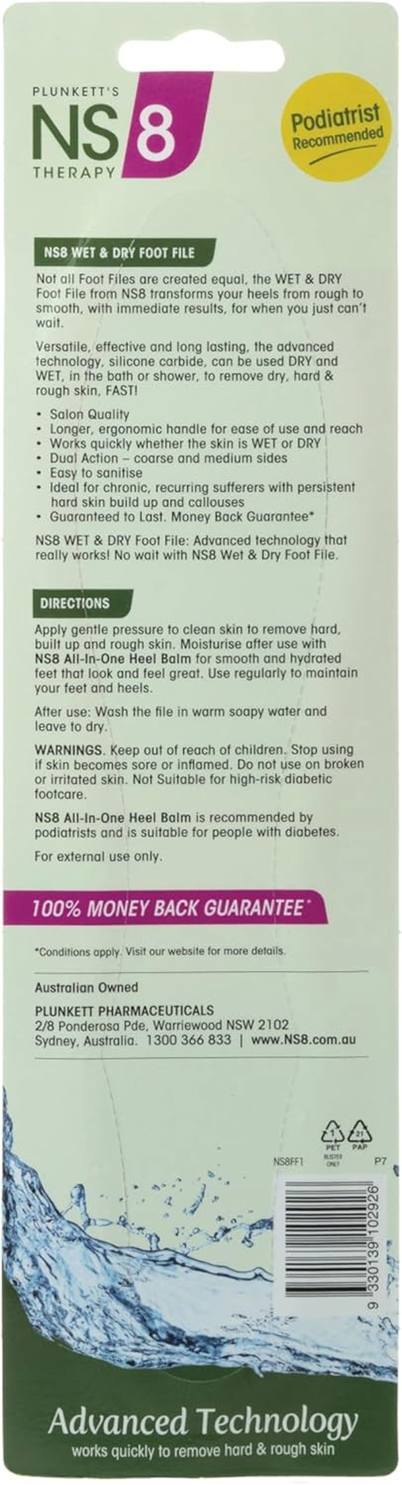 Plunkett'S NS8 Wet & Dry Foot File &ndash; Durable, Water-Resistant Grit for Effective Exfoliation. Ideal for Hard Skin, Calluses & Cracked Heels. Safe for Use in Shower or Bath. Hygienic & Easy to Clean