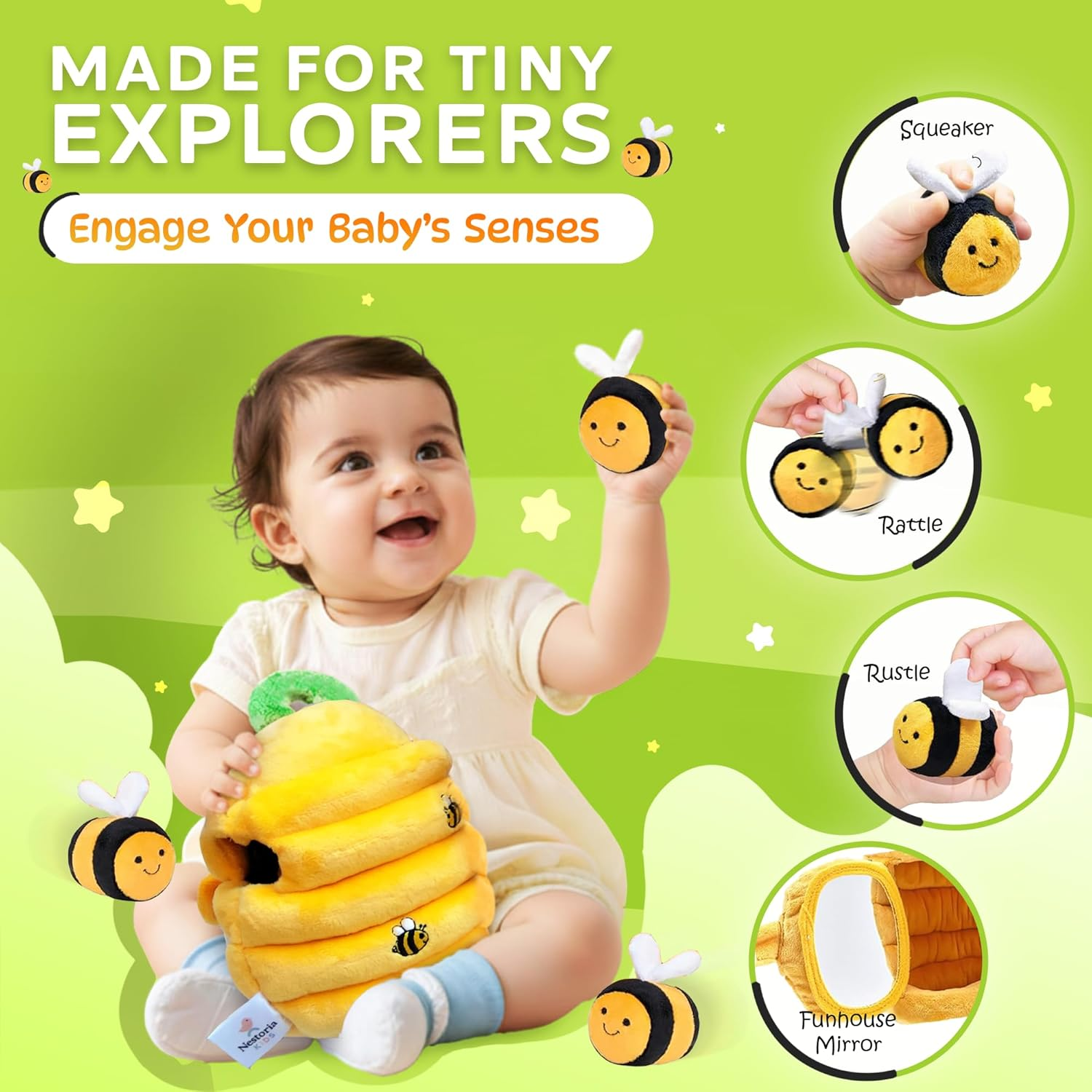 Nestoria Baby Plush Beehive Toy &ndash; Montessori Sensory Playset with 5 Soft Bees &ndash; Fine Motor Skill Development, Educational Plush Toy for Babies & Toddlers 6 12 36 Months | Baby Christmas Birthday Gift image number 6