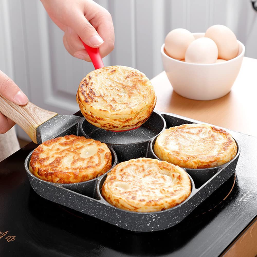 4-Cup Non-Stick Egg Frying Aluminum Alloy Pan,Omelette Egg Pan Pancake,Wooden Handle,Cookware for Gas or Induction Stoves image number 1
