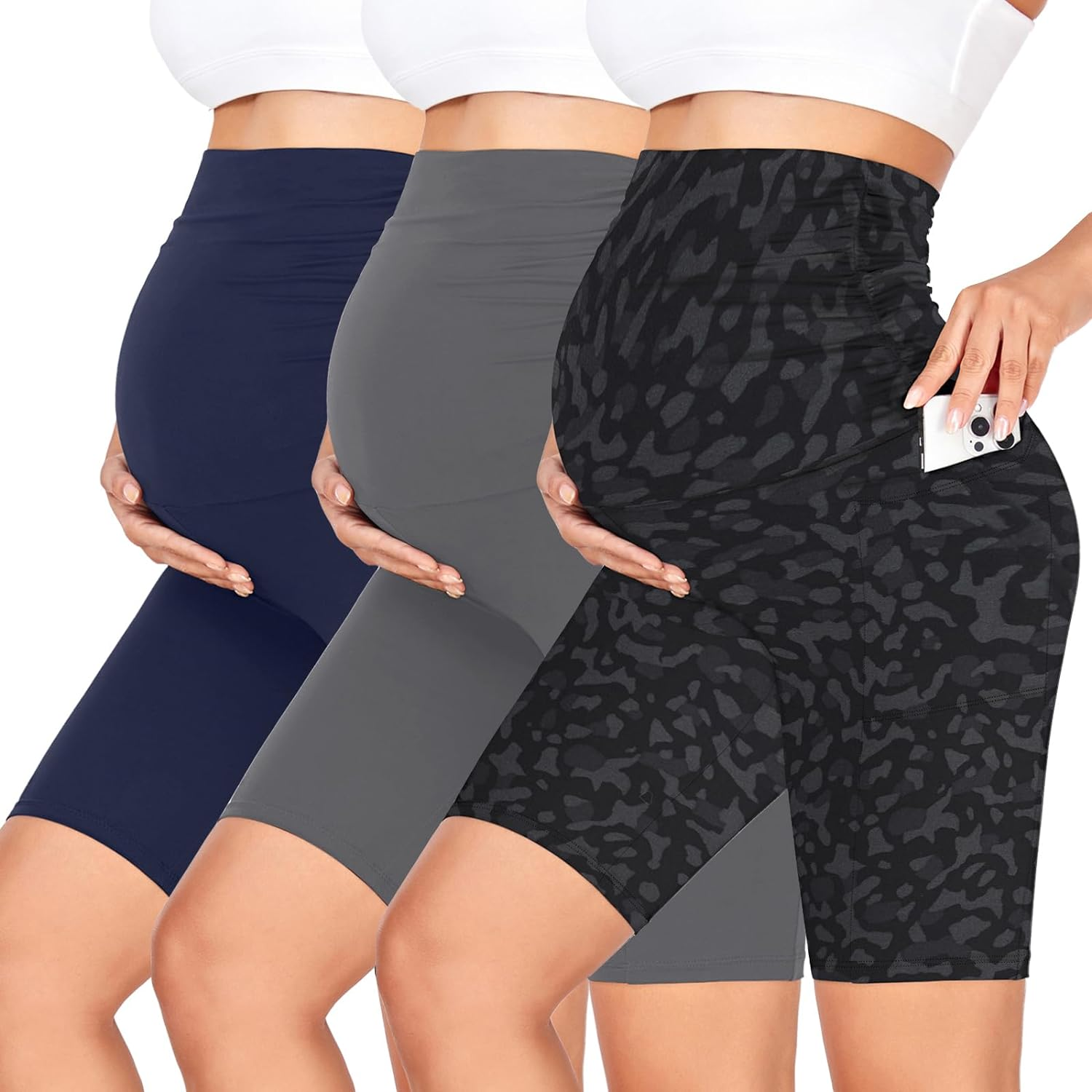 GROTEEN 3 Pack Women'S Maternity Shorts over Belly with Pockets - 8'' High Waisted Workout Yoga Pregnancy Biker Shorts image number 1