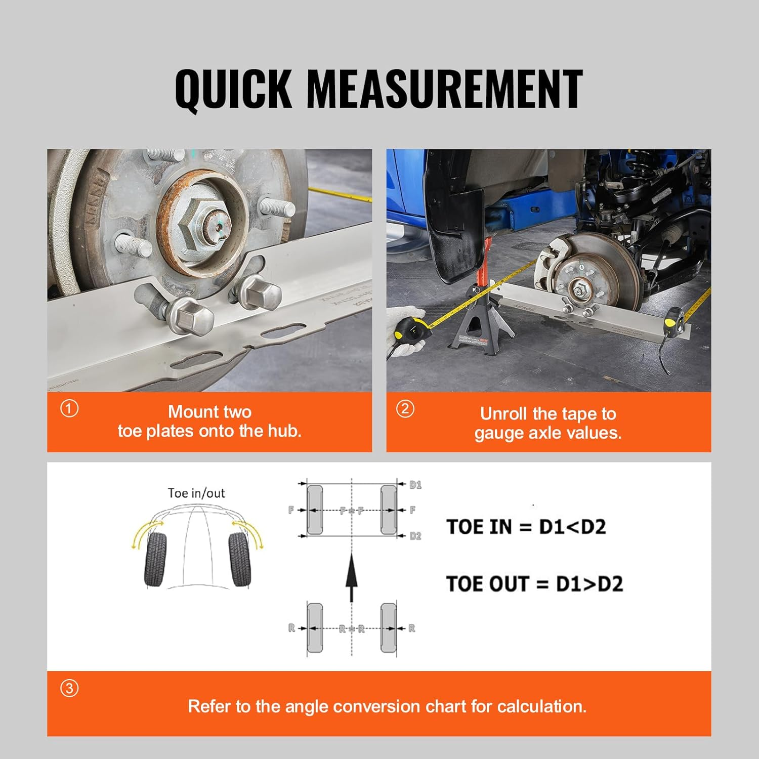 VEVOR Wheel Alignment Tool, 2-Pack Toe Alignment Toe Plates, Stainless Steel Wheel Alignment Tool Plate, Toe Angle Accurate Measurement, Includes 2 Measuring Tapes & Conversion Chart image number 6