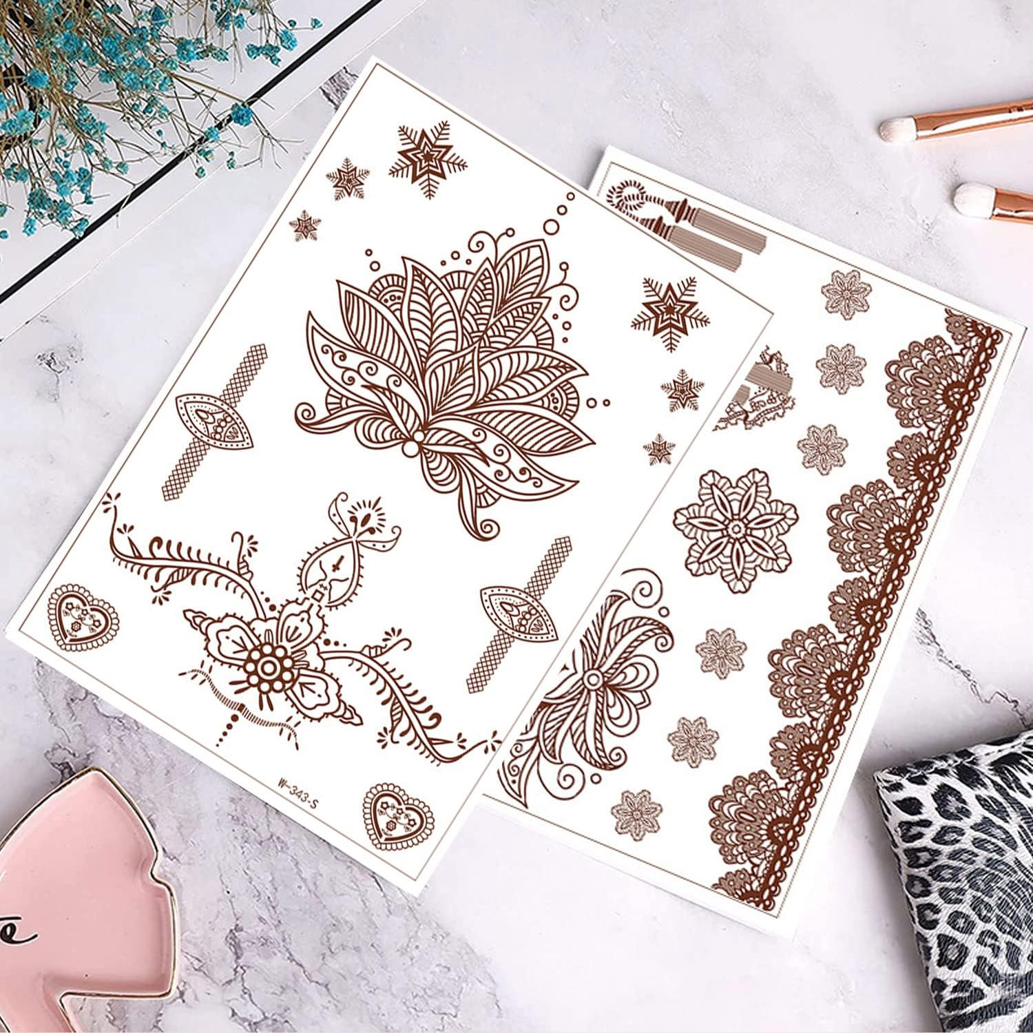 Henna Tattoos, Henna Temporary Tattoos Brown Waterproof Tattoo Stickers for Women Wedding Party Festivals,Parties Decoration Suppliers 6Sheets - Brown image number 6