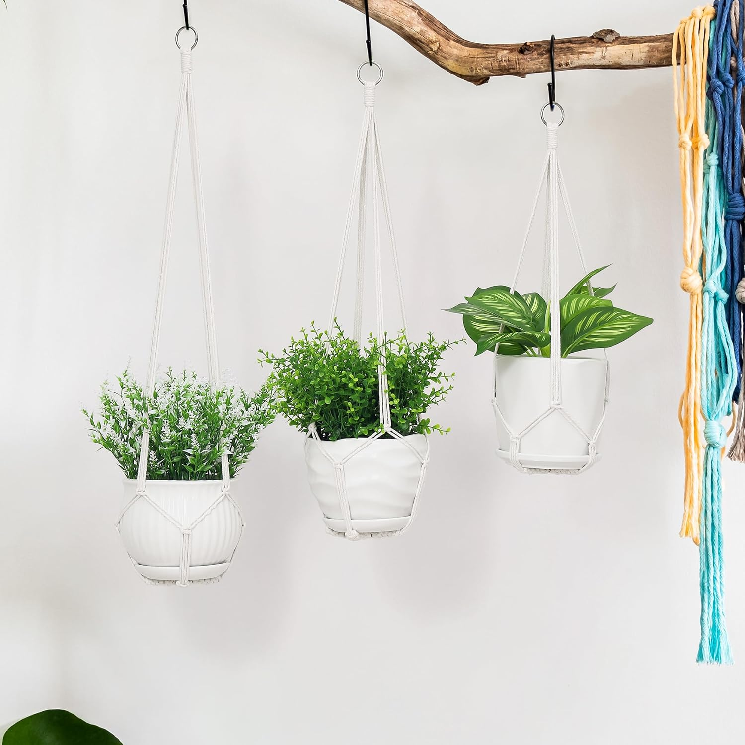 YIBOT 3 Pack Macrame Plant Hanger Indoor Hanging Planter Basket with 3 Hooks, 35"/29"/23" Crochet Plant Holder Stand No Tassels for Indoor Outdoor Boho Home Decor, Ivory (POTS NOT Included) - Black image number 7