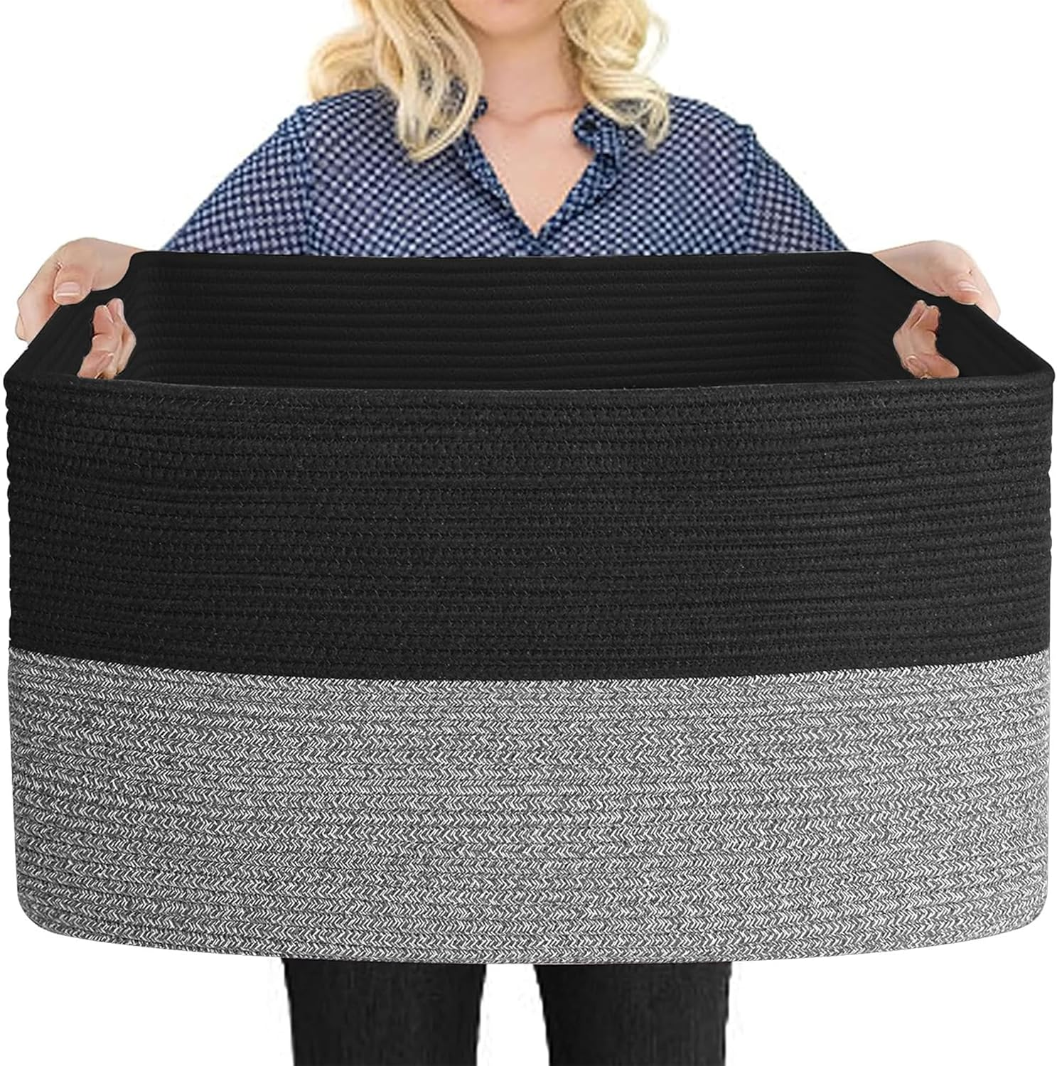 MEGASKET Extra Large Rectangle Rope Basket, 23.6" X 15.7" X 14.1" Kids Room Toy Stuffed Animals Basket Box Organization, Towel Storage Basket, Baby Clothes Basket, Living Room Storage Bin, Dark Blue