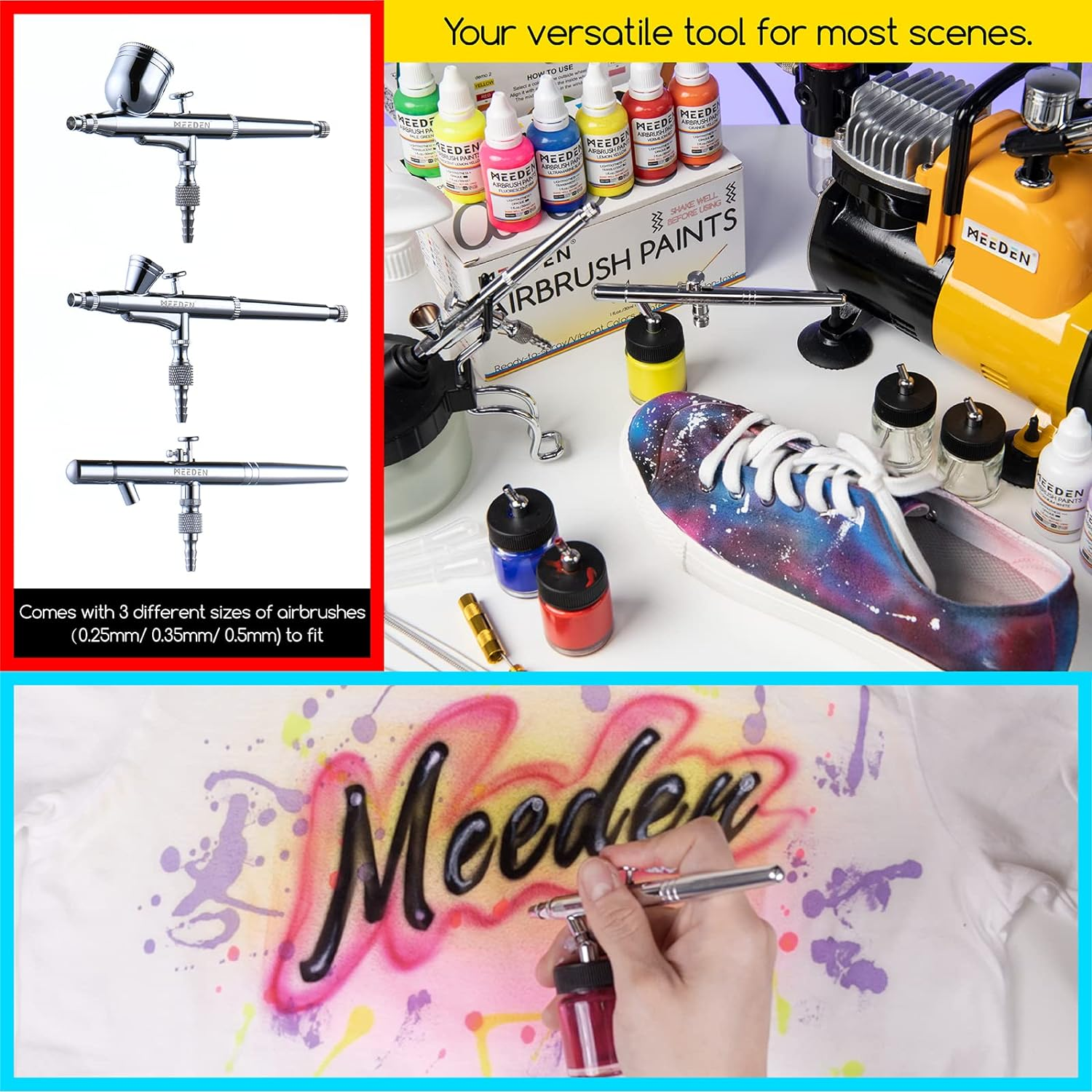 MEEDEN Airbrush Kit with Compressor and Paint - 1/5 HP Quite Air Compressor for Model Painting with 3 Dual-Action Airbrush Guns - 24 Colours X 30Ml Acrylic Spray Paint Set with Air Hose image number 3