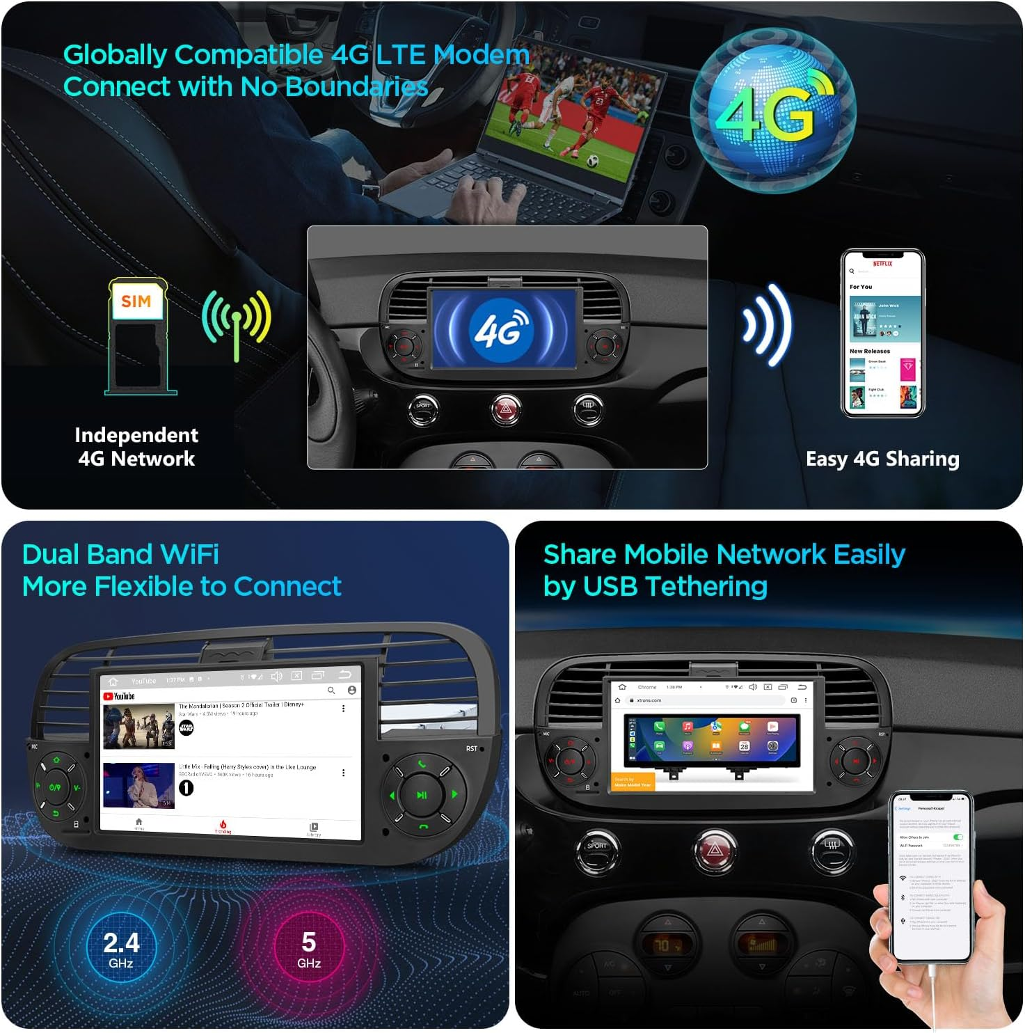 XTRONS for Fiat 500 (2007-2015) Touch Screen Radio, 7 Inch Android 14 Car Stereo for Fiat 500 Replacement Head Unit Built-In DSP Car Play Android Auto 4+64GB (Black) image number 3