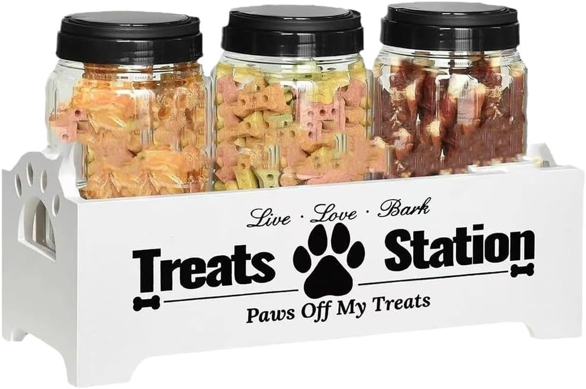 RUTREZOGO Wooden Dog Treat Organizer with 3 Airtight Jars, Pet Food Storage Container for Dogs, Cats, and Small Animals, Farmhouse Dog Treat Holder for Kitchen Counter or Home Decor