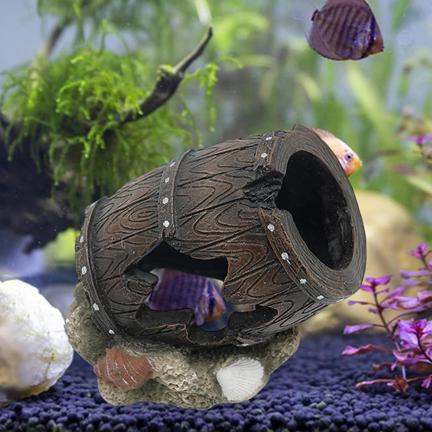 STARTIST Aquarium Decorations Fish Broken Barrel Decor Hiding Place Craft Aquarium Hideaway Barrel Rock Cave House Fish Tank Ornament image number 1
