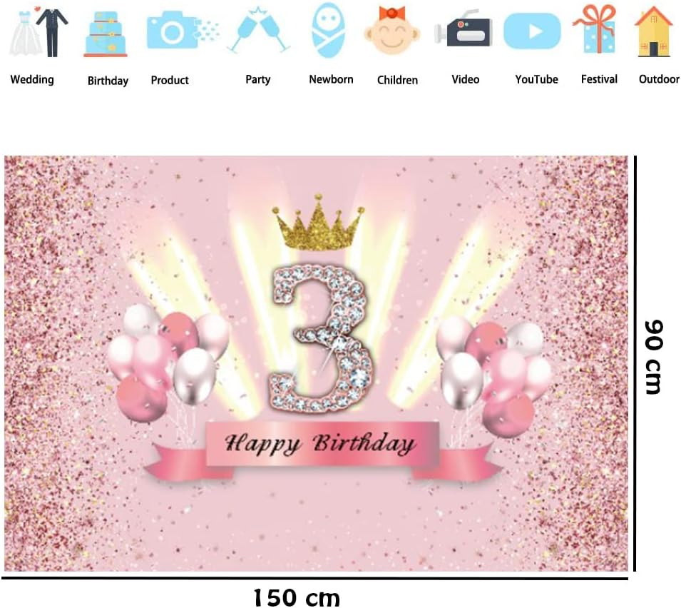 3Rd Birthday Decorations for Girls Happy 3Rd Birthday Backdrop Banner Party Deco Girl 3 Years Old Anniversary Party Fabric Sign Poster Pink Photo Background 3Rd Birthday Party Supplies, 59"X35.4" image number 4