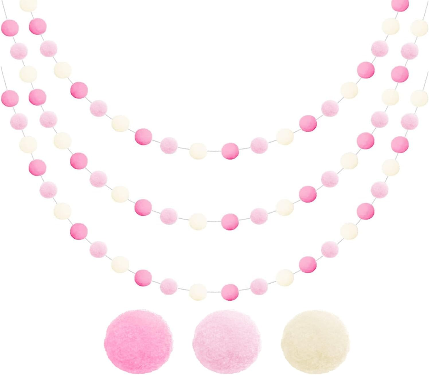 Pom Pom Felt Ball Garland, 6.6 Feet, 30 Balls, Colourful Boho Decor for Party, Home, Nursery, 3 Pieces (Rose Pink)