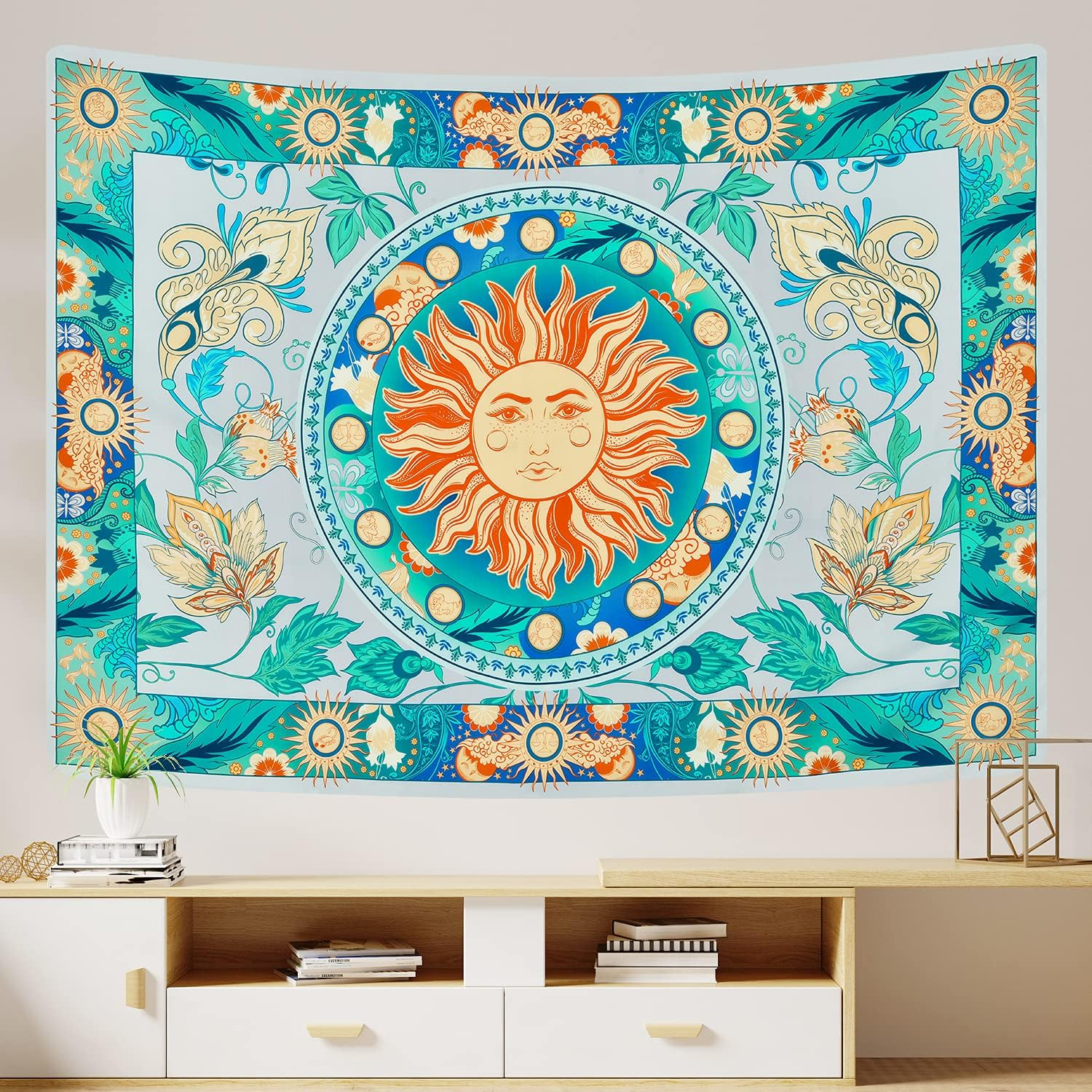 Lyacmy Burning Sun Tapestry with Flower Vines - Vintage Floral Mystic Hippie Wall Hanging for Room (Pale Cerulean, 51.2 X 59.1 Inches) image number 5