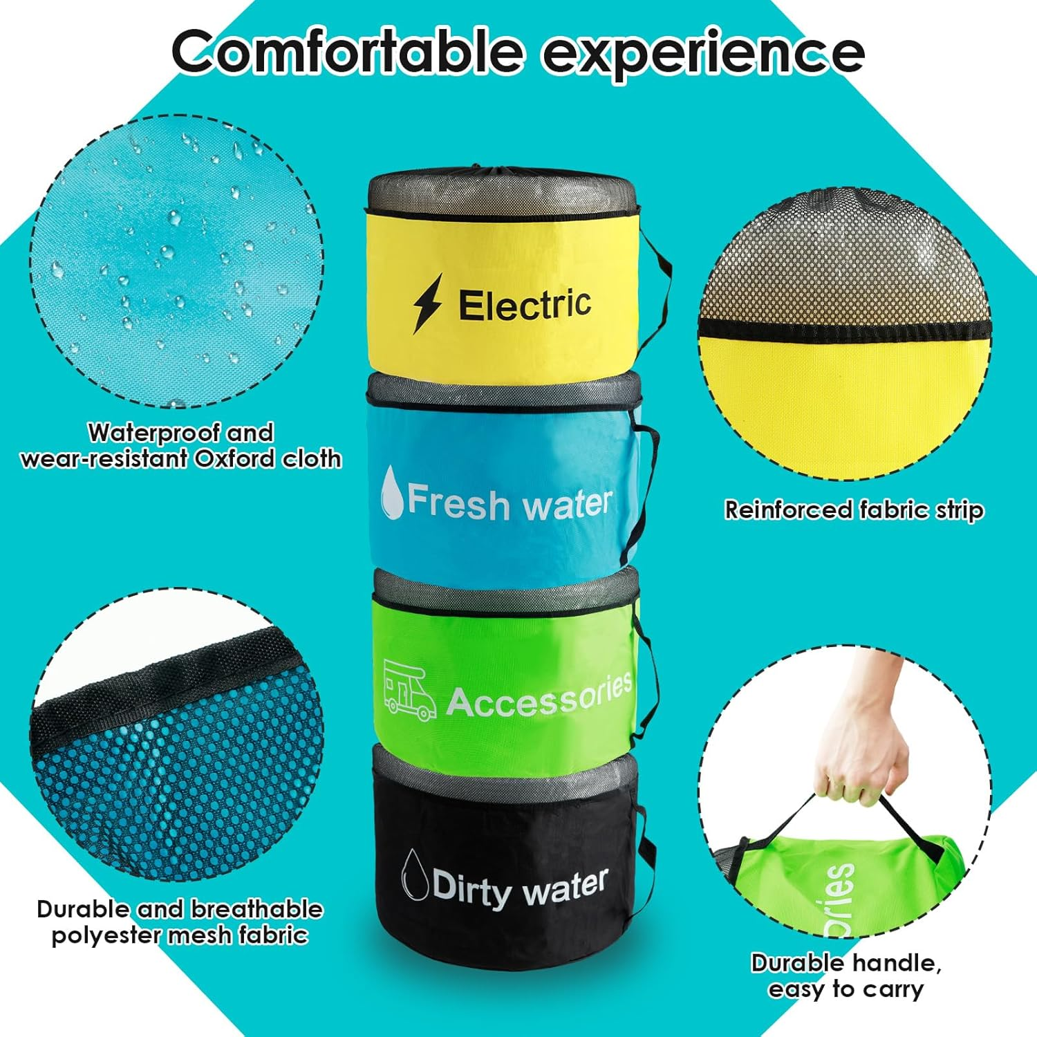 US 3/4Pcs RV Hose Storage Bags with Mesh Top Waterproof RV Utility Bag Multifunctional RV Accessories Storage Bags with Straps Large Sewer Hose Bag for Fresh/Black Water Hoses Electrical Cords