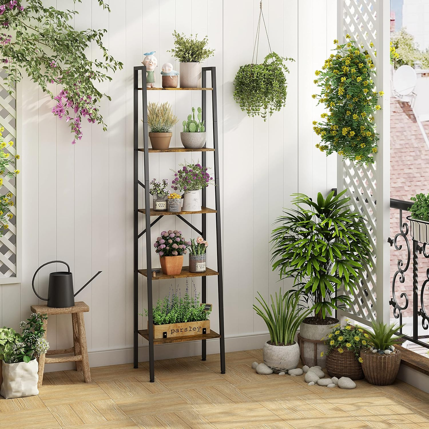 Hoctieon 5-Tier Industrial Ladder Bookshelf, Narrow Ladder Shelf, Tall Standing Bookshelf, Skinny Open Ladder Shelf, for Living Room, Home Office, Kitchen, Bedroom, Metal Frame, Rustic Brown image number 5