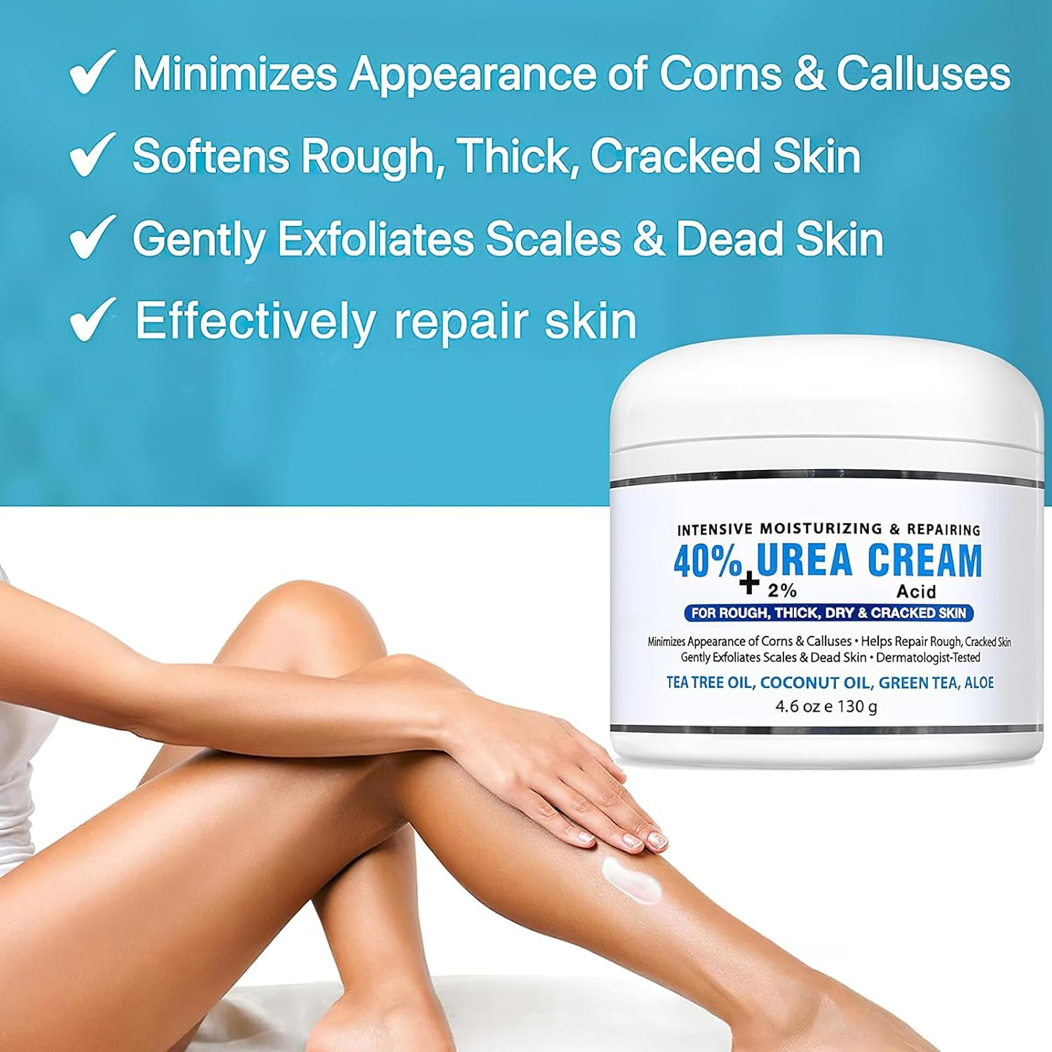 Urea Cream for Feet and Hands - 40% Urea Cream+ 2% Salicylic Acid for Maximum Moisturizing and Softening, Moisturizing Cream for Dry, Cracked Feet, Hands, Elbows and Knees(4.6 Oz)