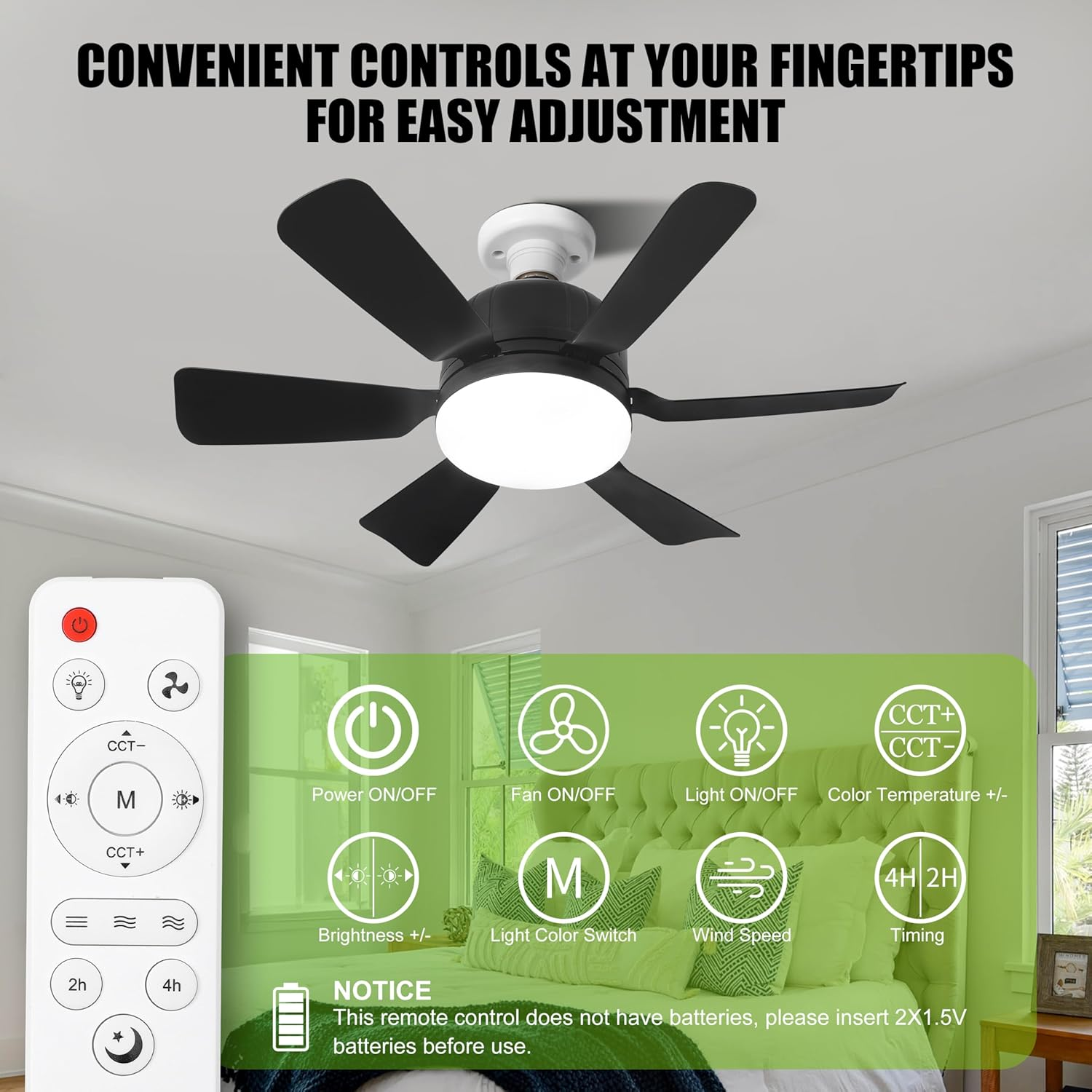 Socket Ceiling Fan Light with Remote, E27 Based Easy Install with Socket Extender, Replacement for Indoor -Bedroom, Kitchen and Living Room, 3 Color Stepless Dimming, Black