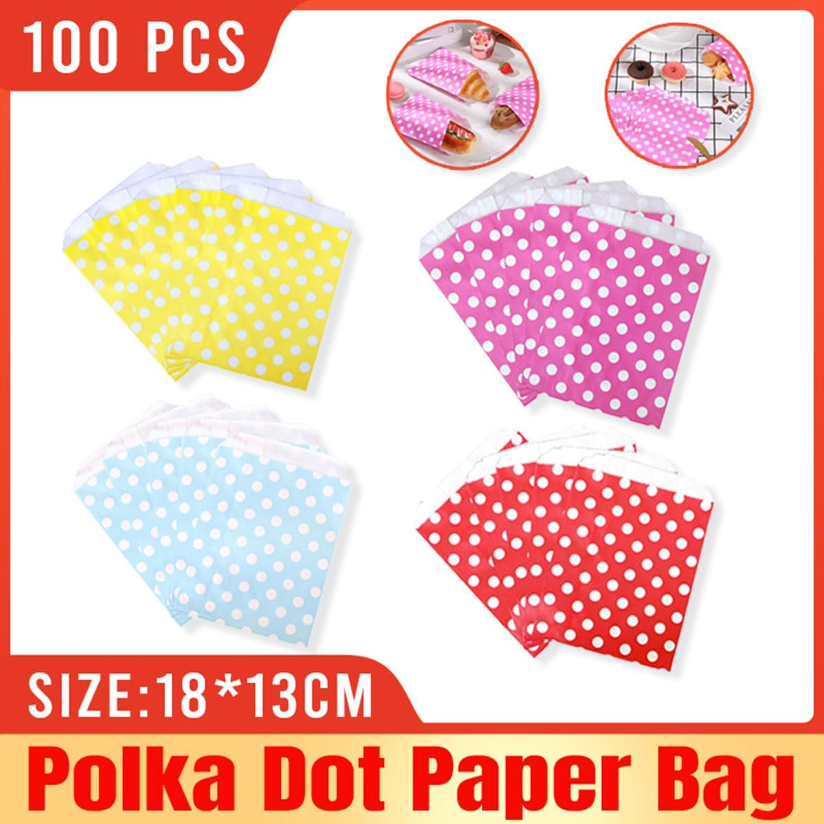AIMALL 100Pcs Colorful Dot Paper Bags, 5.1 X 7In Party, Wedding, Dessert Packaging Bags, Food, Cookie, Small Gift Bags in Red, Rose Red, Yellow & Light Blue - Red image number 3