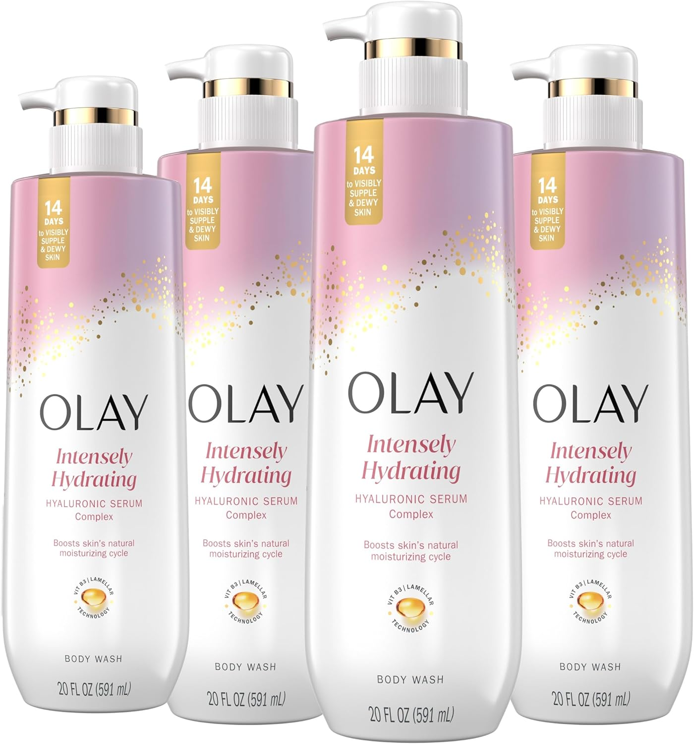 Olay Body Wash for Women, Intensely Hydrating, Hyaluronic Acid Serum Complex, Renews Moisture, Free of Parabens & Phthalates, Vitamin B3 Lameller Technology, for All Skin Types, 20 Fl Oz (Pack of 4) image number 1