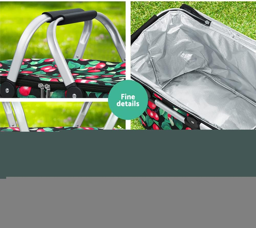 Alfresco Picnic Basket Bag, Insulated Collapsible Outdoor Food Storage Baskets Bags Cooler Hamper Camping Travel Hiking Beach Picnics, with Zippered Side Pocket Lightweight Aluminium Red Green image number 1
