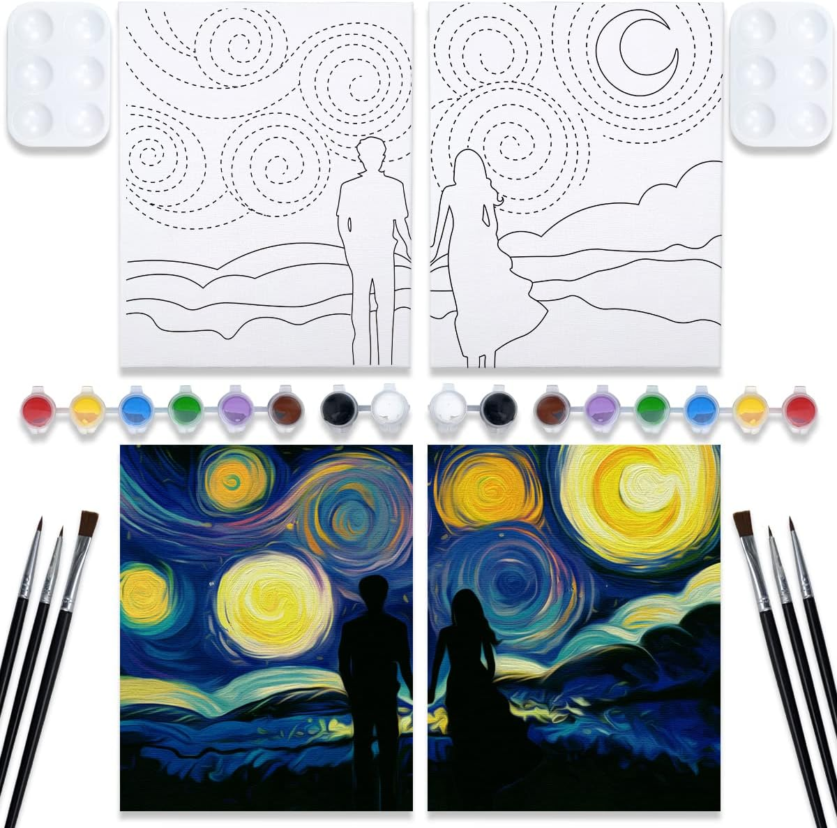 VOCHIC Couples Paint Party Kits Pre Drawn Canvas for Adults for Paint and Sip Date Night Games for Couples Painting Kit 8X10 Starry Sky Couple (2 Pack) Valentine image number 2