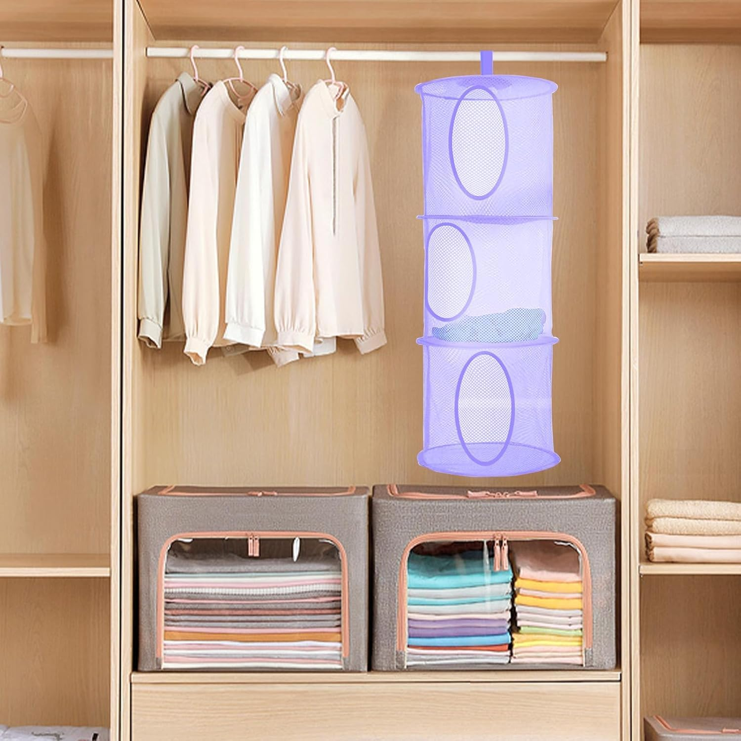 IONPSHG 3 Pack Hanging Mesh Space Saver Storage Bag 3 Tier Foldable Compartments Mesh Hanging Storage Organizer Large Capacity Toy Organizer Basket for Toys Small Clothes Home Bedroom Bathroom