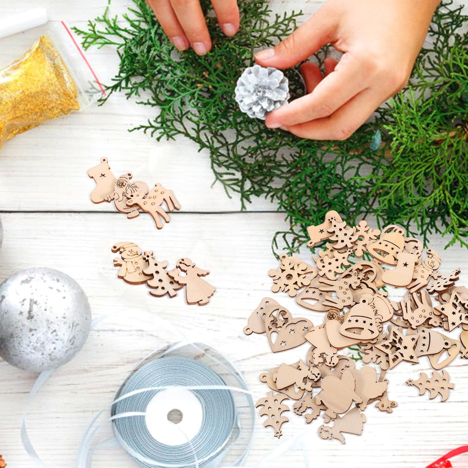 100Pcs Mini Unfinished Wooden Christmas Slice: DIY Christmas Blank Ornaments Wood Slice Cutout for Holiday Winter Xmas Tree Hanging Decoration image number 5