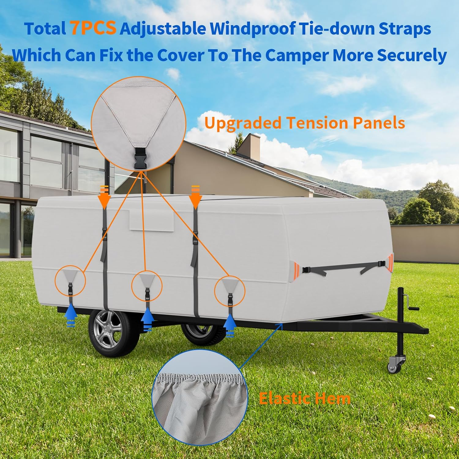 True 900D Oxford Tearproof Anti-Scratch Pop up Camper Tent Trailer Cover 100% Waterproof Anti-Uv Folding Camping Trailer RV Cover with 7 PCS Reinforced Windproof Straps for Motorhome (Gray, 12'-14') image number 3