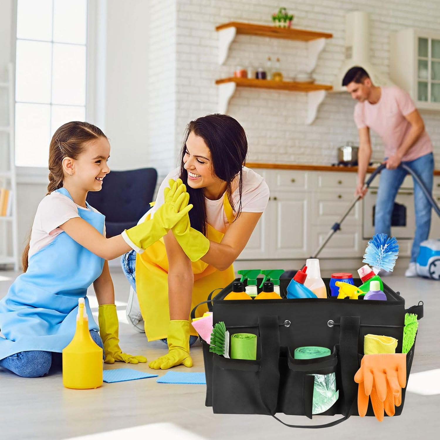 Universal Cleaning Caddy, 40 X 23.5 X 27.5 Cm Cleaning Caddy Organiser with Handle, Large Cleaning Agent Organiser Bag for Cleaning Agents Storage, for Home, Car, Bathroom (Black) image number 5