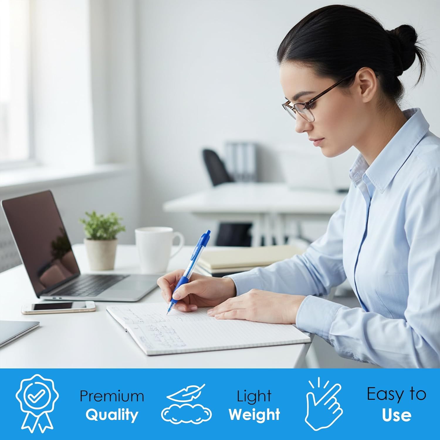 Premier Stationery Retractable Ball Pens, Blue Ink, 1 X 25 Pack (25 Pens) | Click-Top Design | Smooth Ink Pens for School, Office & Everyday Writing image number 2