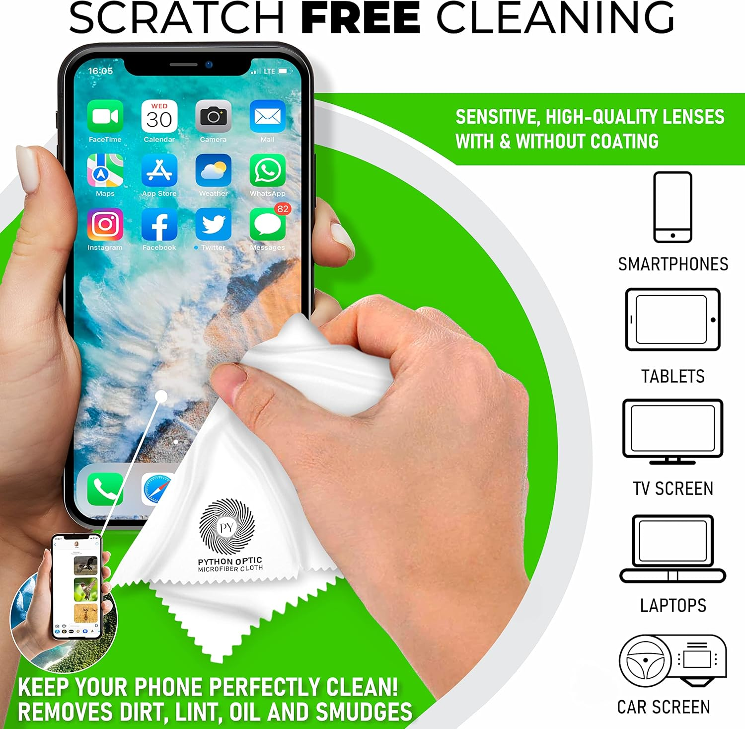 Python Premium Microfiber Cloth 12X16In - Scratch-Free Optical Lens & Glasses Cleaner, Screen Cleaning for Computers, Tvs, Apple Devices, Zeiss Lenses, Luxury Watches & Expensive Optics image number 6