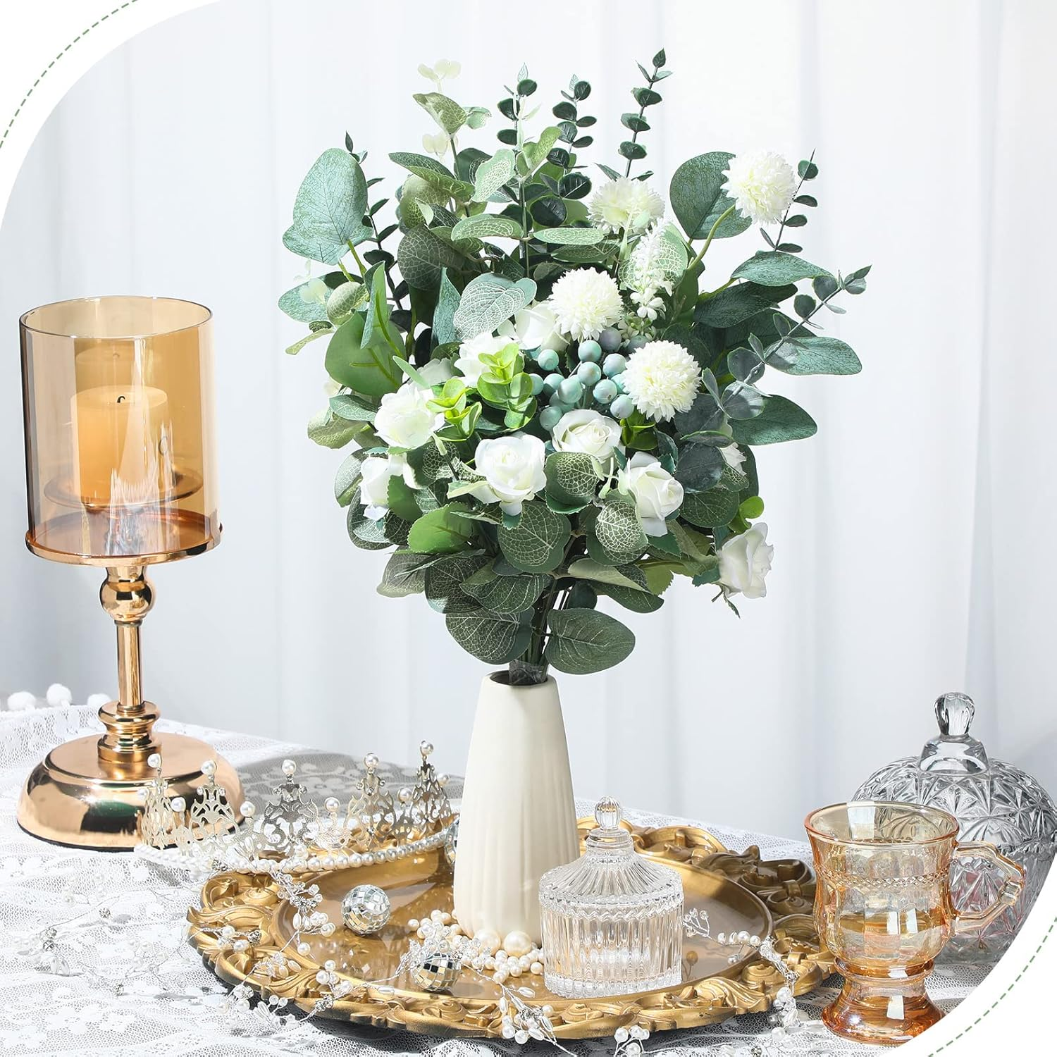 90 Pcs 3 Kinds Mixed Eucalyptus Leaves Stems Bulk Artificial Silver Dollar Eucalyptus Leaves Picks Dried Eucalyptus Bundle Faux Spray for Wedding Vase Bouquet Floral Arrangement Decor (Green) - 90, Orange image number 7