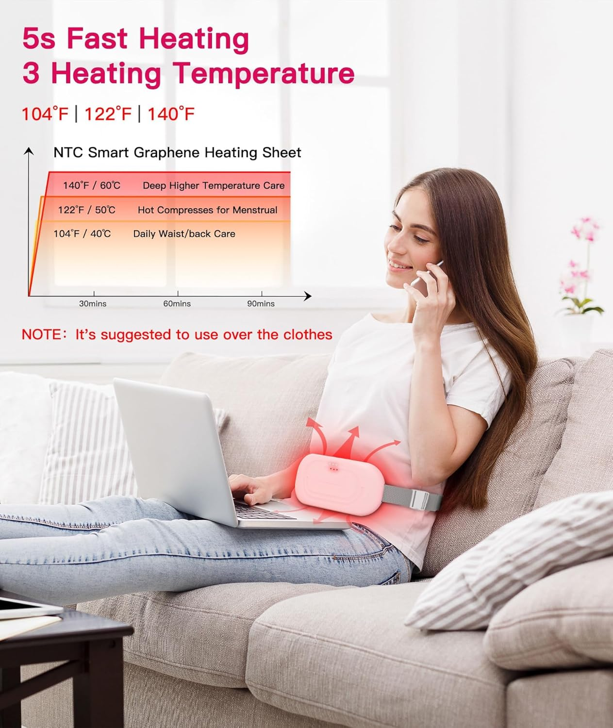 Heating Pads for Cramps, Portable Cordless Menstrual Heating Pad for Period Pain Relief, Back or Belly Fast Heating Pad with 3 Heat Levels and 3 Vibrations Modes for Girls Women image number 2