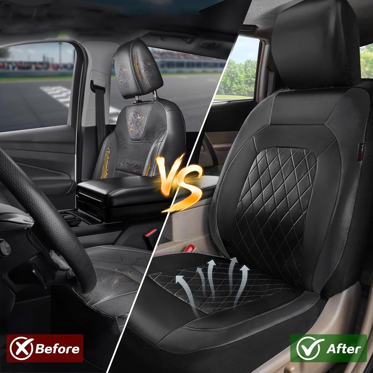 Car Seat Cover Leather Front Seats 2 Pieces, Automotive Front Seat Covers with Comfortable Mesh Back, Full Arround, Universal Fit Waterproof Seats Cushions Protectors for Sedan Vans SUV (Black) image number 1