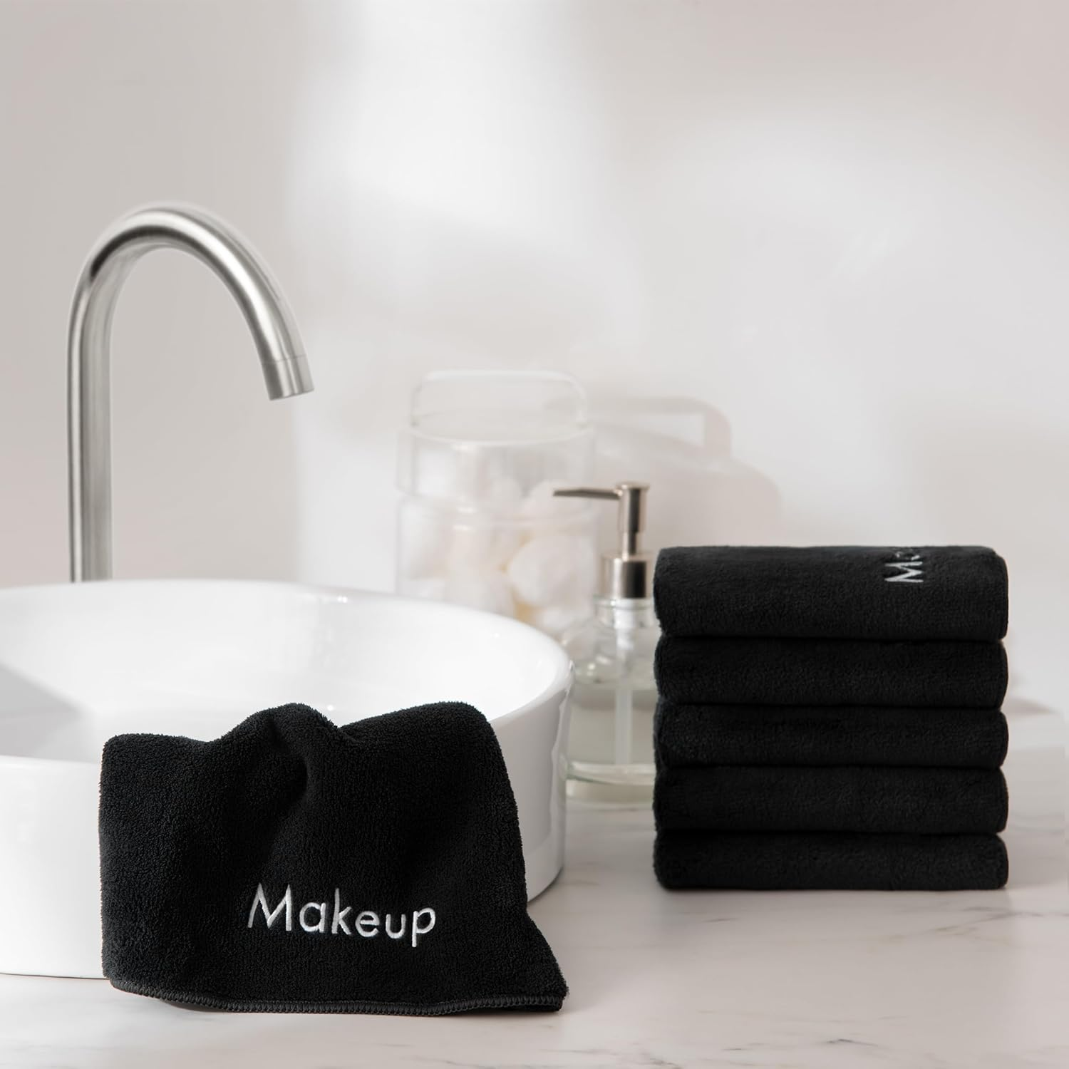 Arkwright Makeup Towels - Pack of 6 - Ultra Soft & Gentle Microfiber Coral Fleece Washcloth Face Make up Remover, Reusuable Eraser Cloth Essentials for Hosts & Artists, 13 X 13 In, Black image number 5