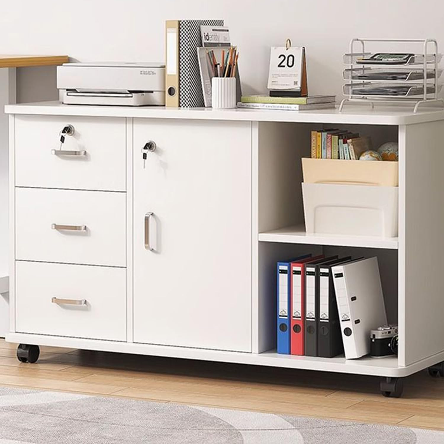 Uandhome File Cabinet, Printer Open Storage Shelf, Floor Table A4 Low Cabinet for Home Office, Mobile Lateral Drawer Cabinet with Lock, Office Furniture Space Organizer(White)