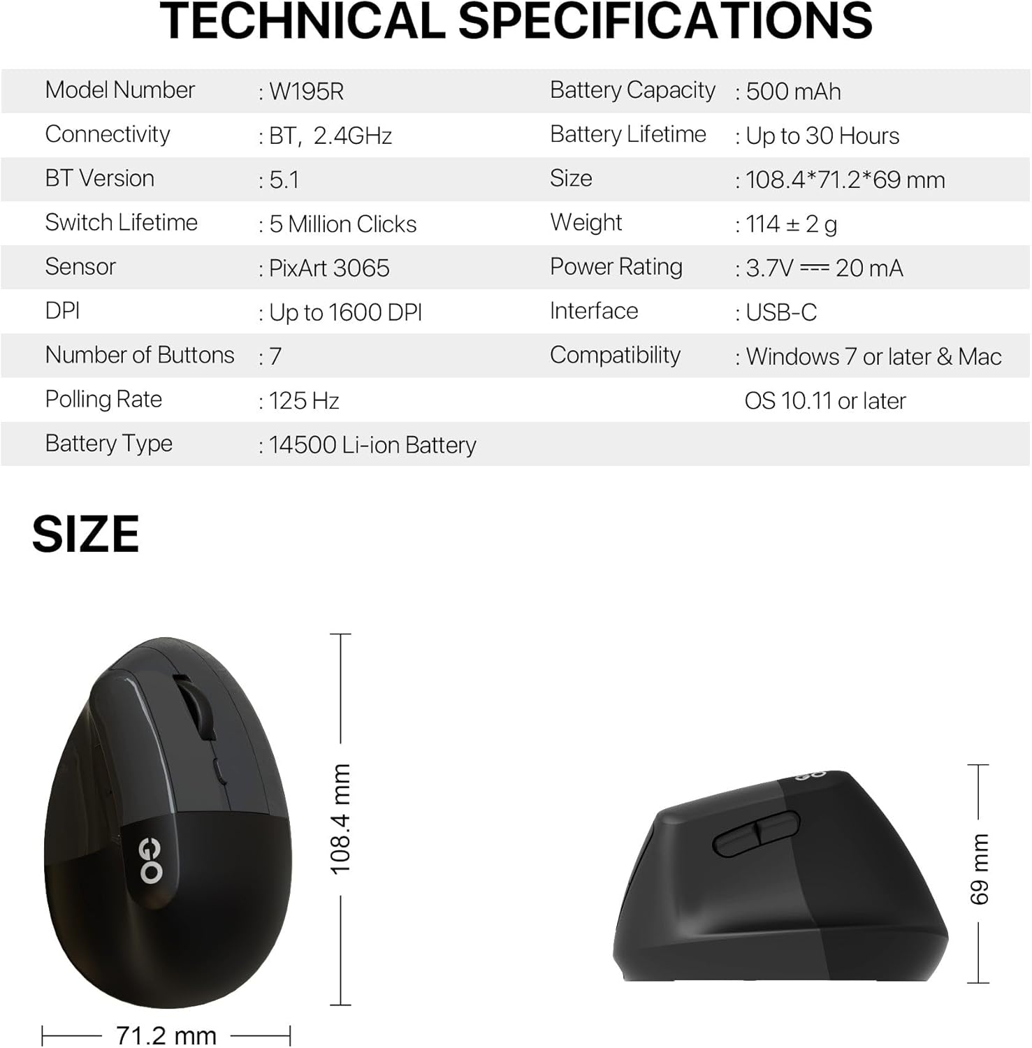 Fantech Comfy W195R Vertical Ergonomic Wireless Mouse &ndash; Silent Clicks, 2.4Ghz & Bluetooth, Office & Home Use (Grey) image number 3