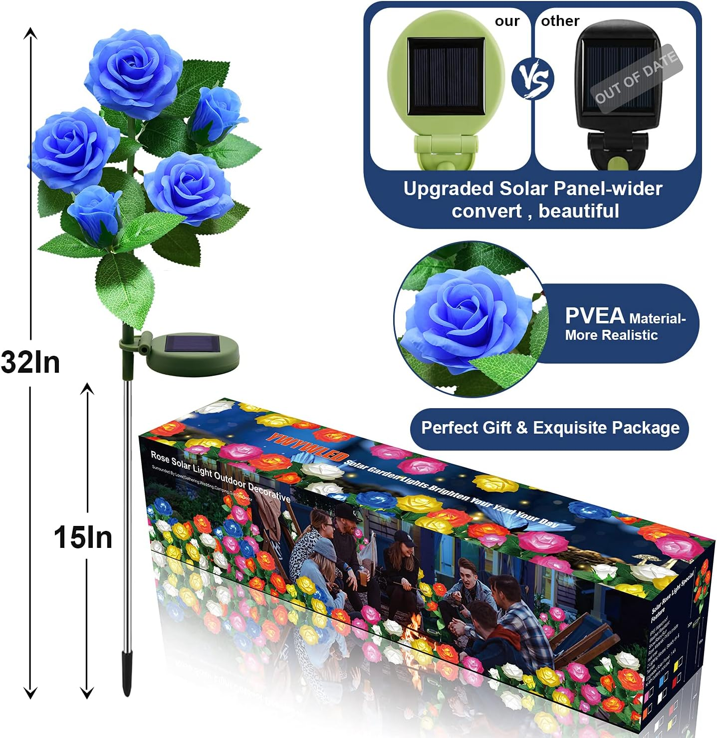 YWYWLED Solar Flower Lights Outdoor - Upgraded New Material Two Modes Realistic LED Solar Powered Waterproof Lights with 5 Roses, Solar Decorative Stake Lights for Garden (Blue, 2 Pack) image number 2