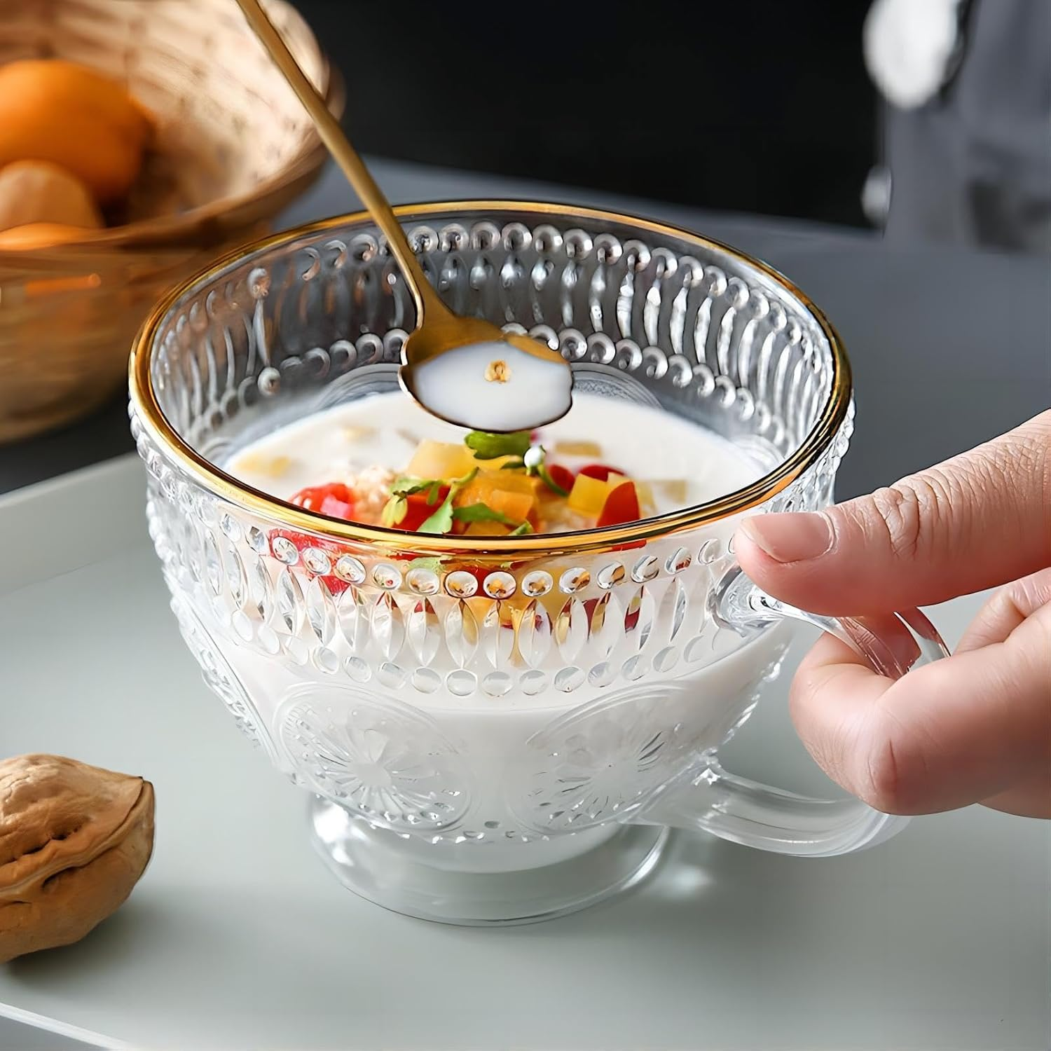 Blissora Large Embossed Tea Cup, Valentines Ribbed Coffee Mug Sets Pack of 2/4/6 for Cereal Cappuccino Dessert, Crystal Friend Mum Gift (Gold Rim, 4 Pack) - 4, Gold Rim image number 5