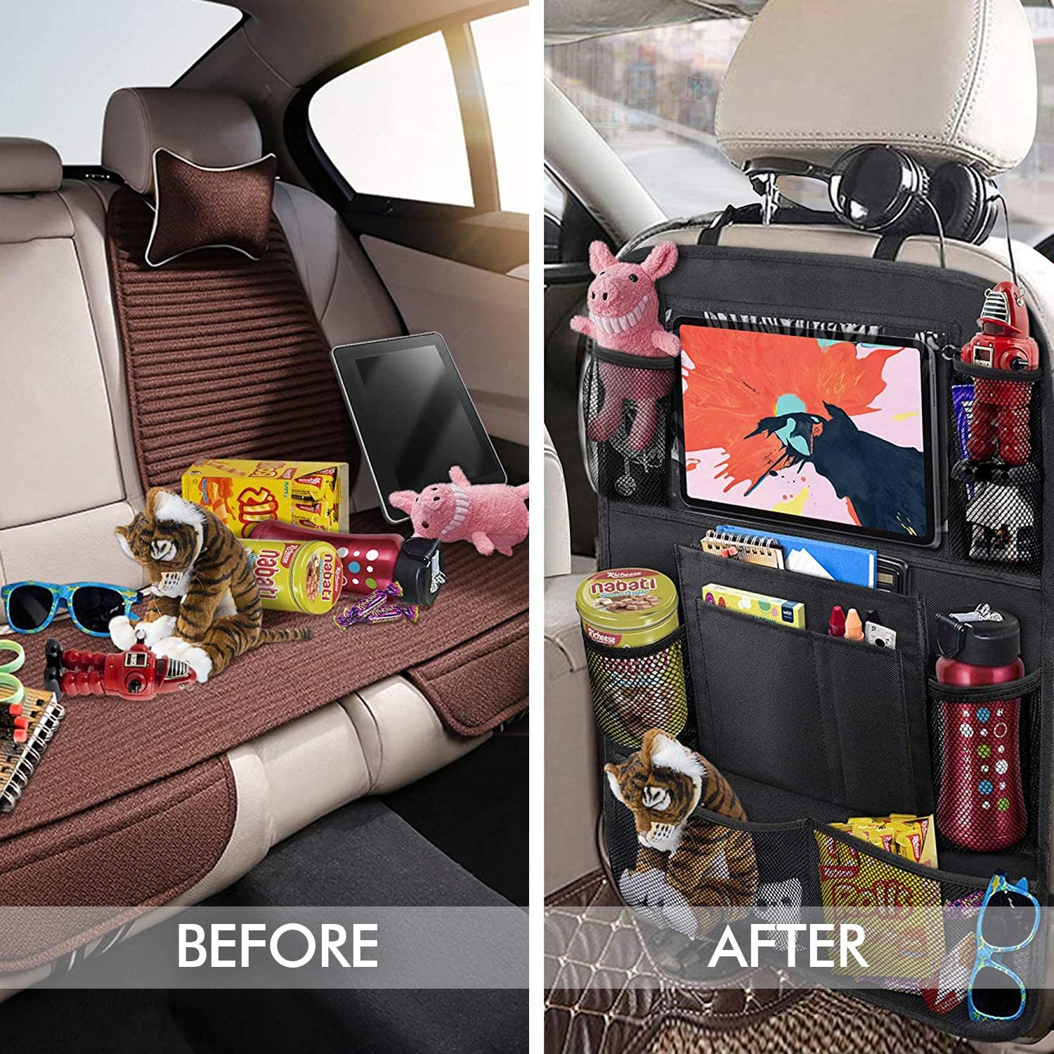 Beauty Nymph Backseat Car Organizer Kick Mats Back Seat Storage Bag with Ipad Touch Screen Tablet Holder and 9 Storage Pockets for for Toys Drinks Book (2 Pack)