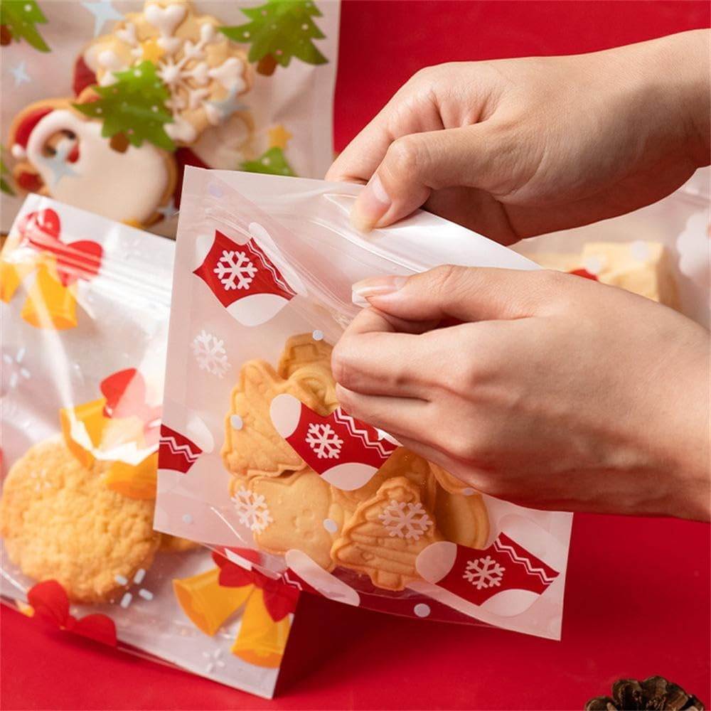 NIXNUT 50Pcs Christmas Candy Cookie Bag Treat Gift Bag with Zip for Party Baking Food Dessert Package Homemade Crafts Cute Patterns image number 5