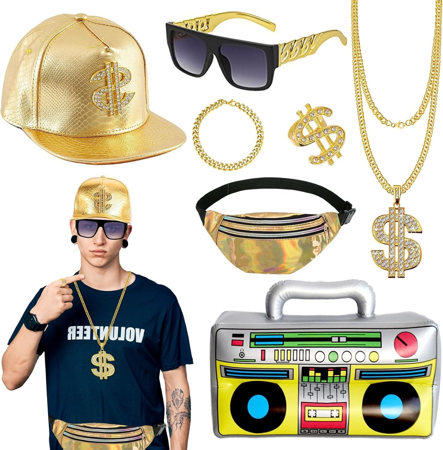 7Pcs Hip Hop Accessories Set for Men and Women, Gold Rapper Costume Kit with Cap Sunglasses Necklace Ring Bracelet Waist Bag Inflatable Boombox, for 80S 90S Old School Fancy Dress Party Props image number 5