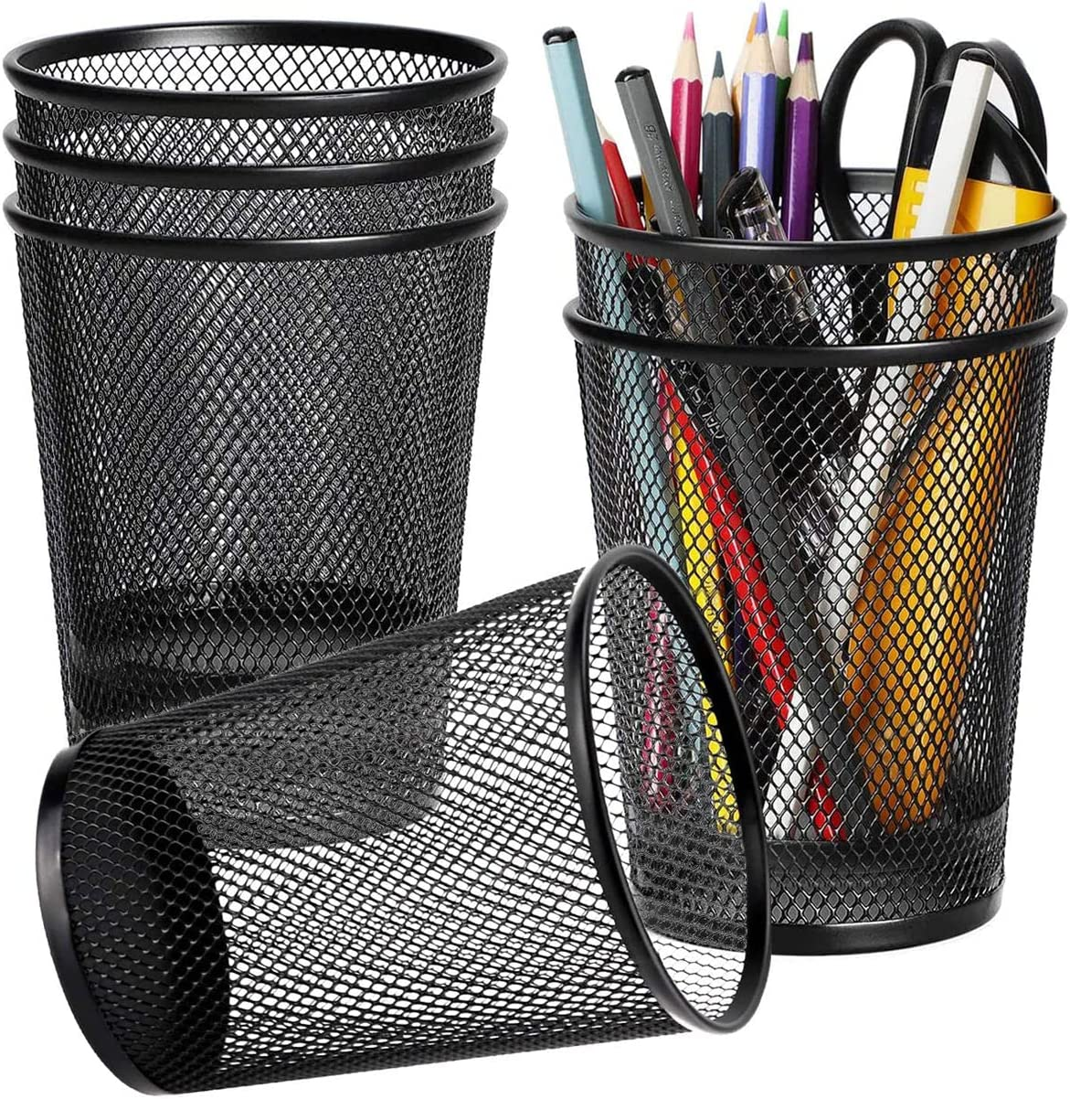 Pen Holder 6 Pack, Mesh Desk Organizer Pen Pot Pencil Holders, Stationary Supplies Pencil Pots for Office, Home, Classroom (Black 6Pcs)