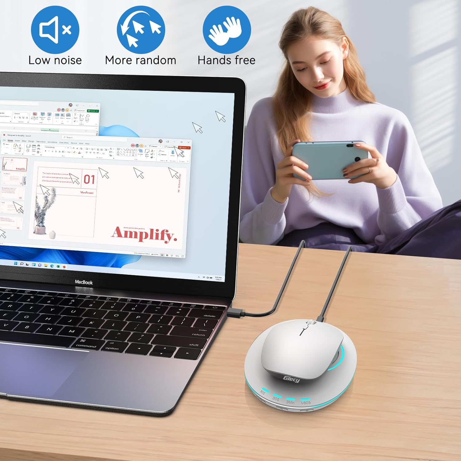Giecy Mouse Jiggler with Timer Breathing Light, Undetectable Driver-Free Mover with Simulates Realistic Mouse Movement to Keep Computer PC Active (White)
