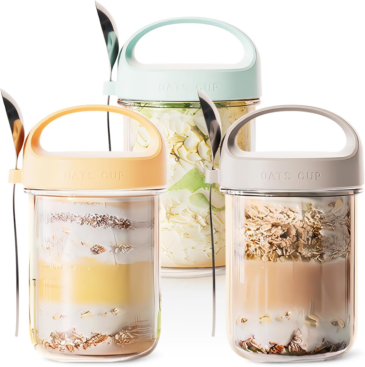 14.5 Oz Overnight Oats Containers with Spoon 3 Pack, Handle Lid Easy to Carry, Glass Mason Jars Large Capacity with Airtight Lid for Overnight Meals, Reuseable Container (3) Lovernight Oats Jar Glass image number 4