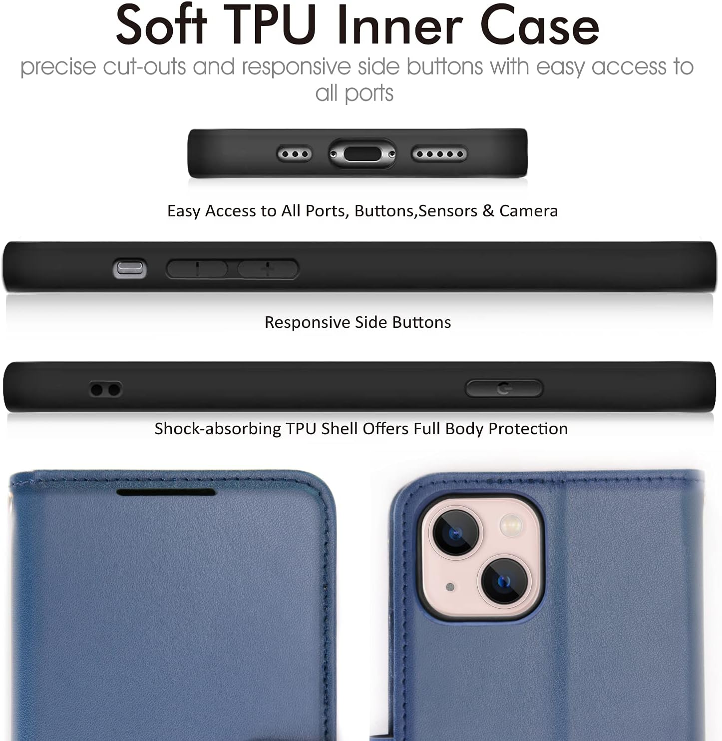 TECHGEAR Iphone 13 Mini Leather Wallet Case, Flip Protective Case Cover with Wallet Card Holder, Stand and Wrist Strap - Blue PU Leather with Magnetic Closure Designed for Iphone 13 Mini 5.4" - Black image number 7