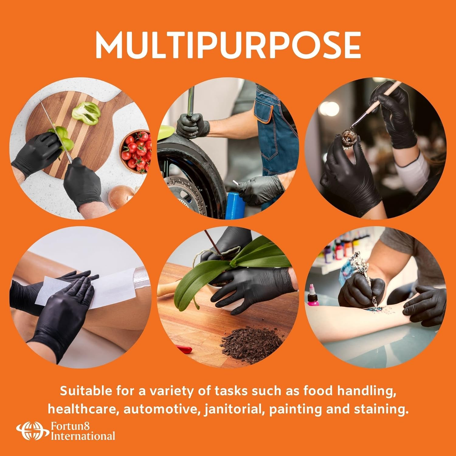 F8 Disposable Nitrile Examination Gloves, Size LARGE and BLACK, Latex & Powder Free, Multipurpose, Non Sterile, Extra Strong, Textured, Protection against Bacteria, Ambidextrous, Easy Fit image number 3