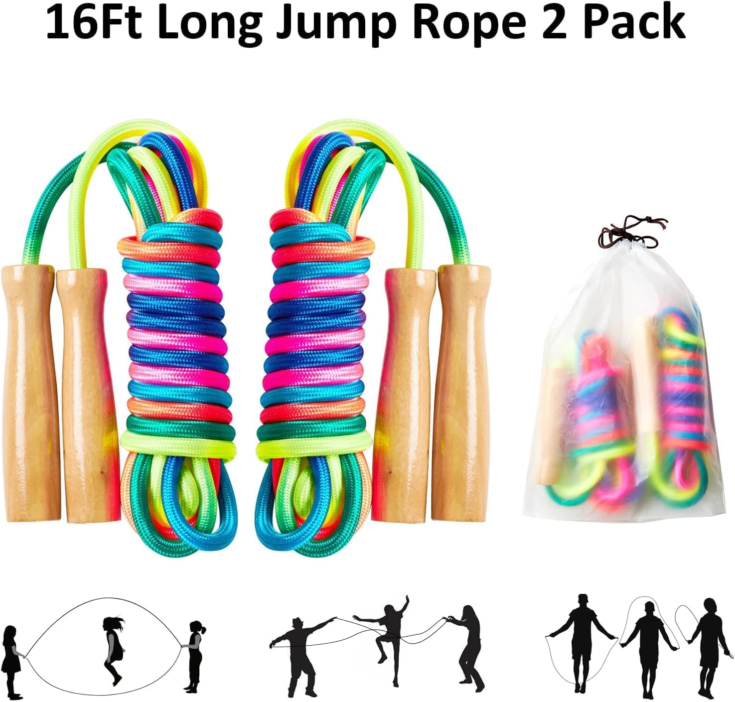 Double Dutch Long Jump Rope - 16Ft 2 Pack Skipping Rope for Kids Adults, Rainbow Jumping Rope for Multiplayer with Wooden Handle image number 1