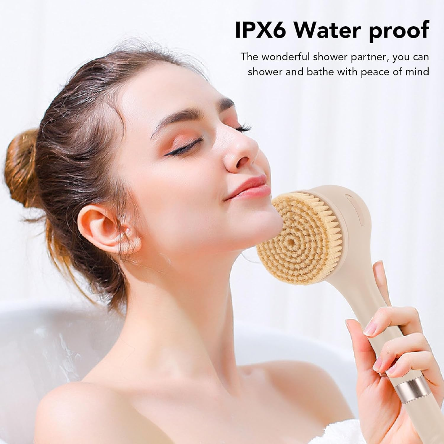 Pyhodi Electric Body Brush, 6 Brush Heads 3 Speeds Detachable Handle IPX6 Rechargeable Shower Back Scrubber for Sensitive, Normal, and Oily Skin Types with 360&deg; Rotation and 60 Minutes (Yellow) - Yellow image number 6