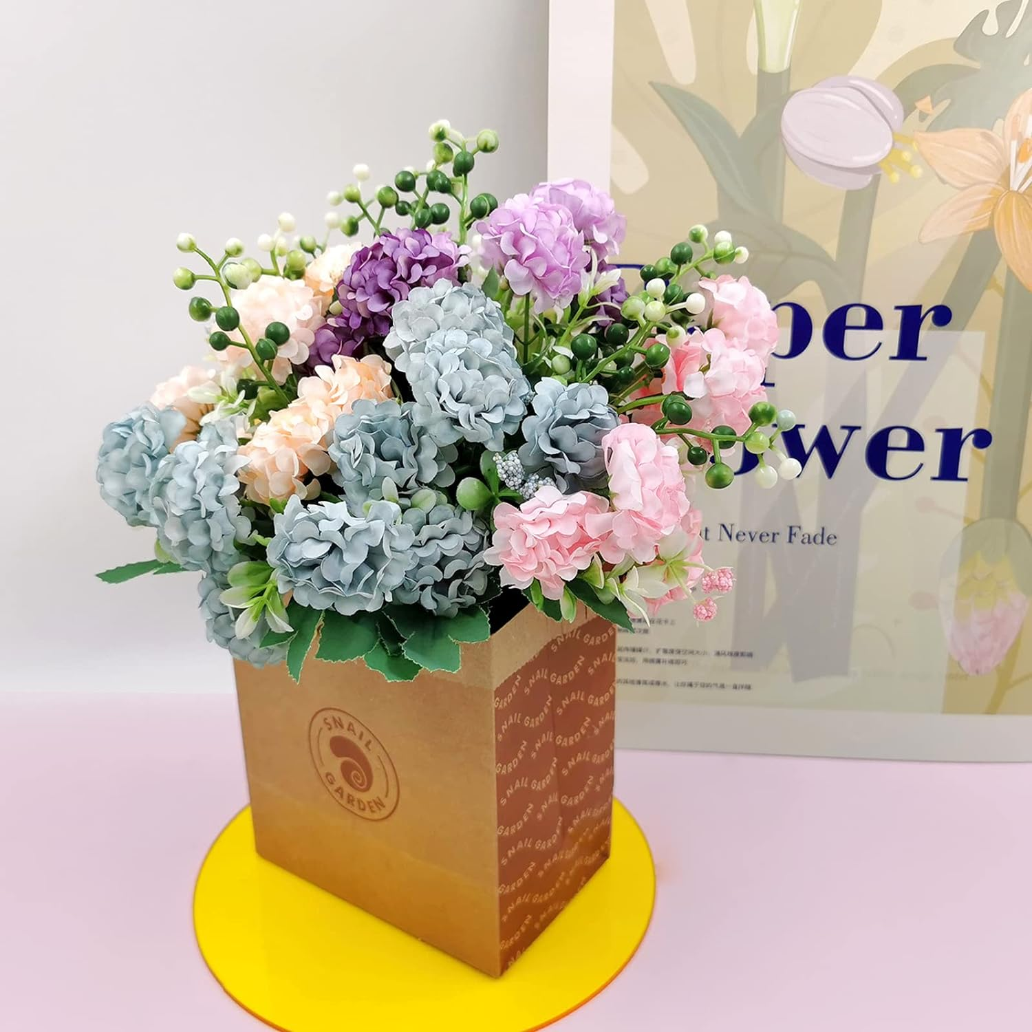 SNAILGARDEN 40Heads Artificial Hydrangea Flowers, 4Pack Fake Silk Mini Hydrangea with 1 Vase Kraft Paper Bag-Mini Artificial Chrysanthemum Ball Perfect for Home Office Wedding Baby Shower Party Decor image number 5