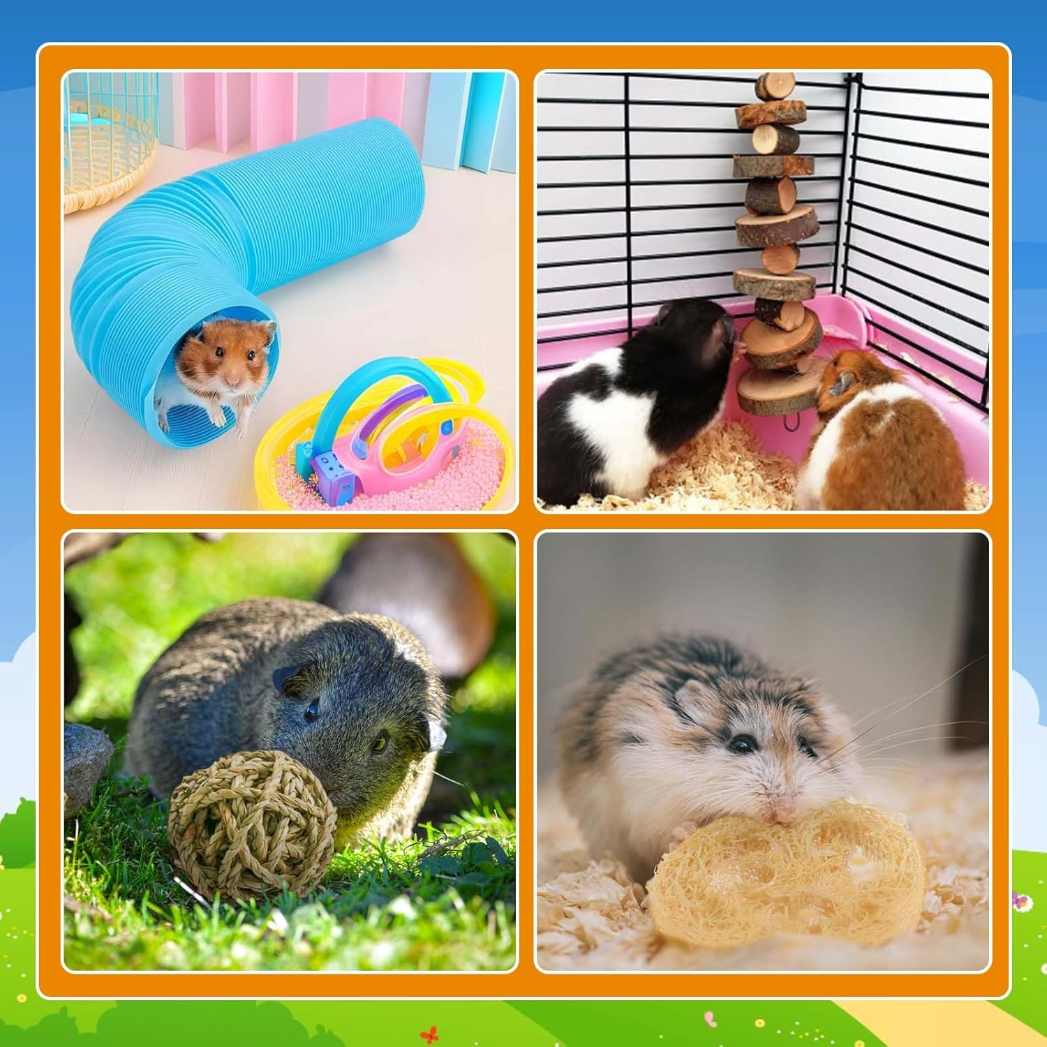 SUSOO 9Pcs Hamster Toys Set with Safe Natural Chew Toys and Extendable Play Tunnel, Rodents Teeth Care for Hedgehog, Rat, Chinchillas,Guinea Pig, Foraging Toy for Small Animal Cage Accessories image number 2