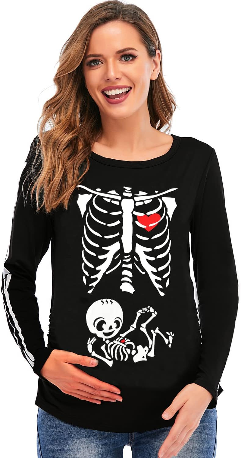 DDSOL Women Halloween Skeleton Maternity Shirt Long Sleeve Pumpkin Skeleton Baby Pregnancy Tops